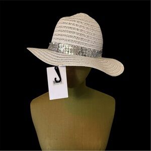 Elegant White Sun Hat with Silver Sequin Band